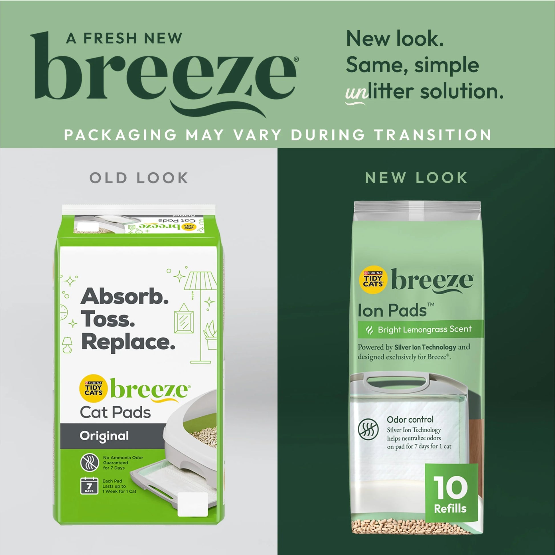 (10 Pack)   Breeze Bright Lemongrass Scented Ion Cat Litter Pads Refill Pack